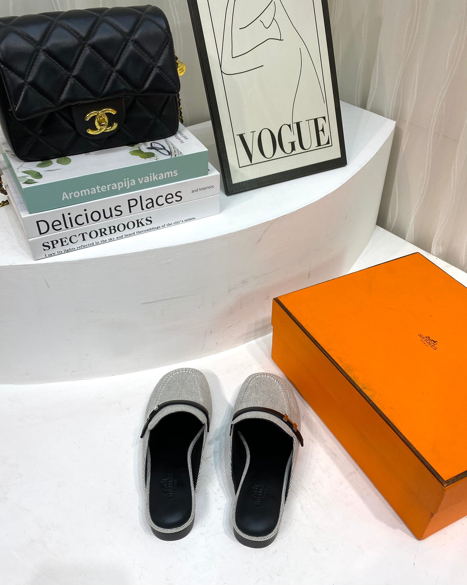 HERMES IENA MULE  GRAY CANVAS AND BLACK CALFSKIN