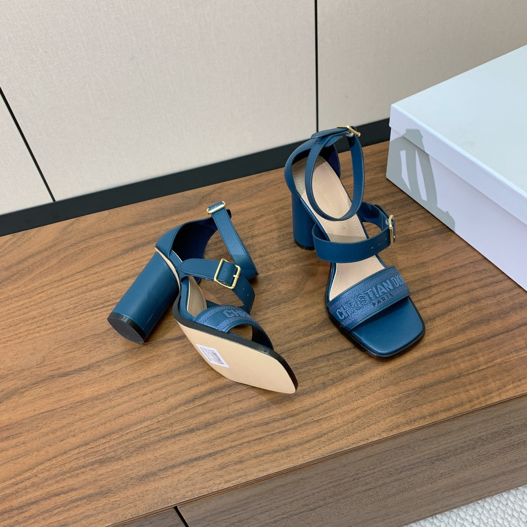 DIOR THREE-STRAP HIGH-HEELED EMBROIDERED SANDALS NAVY BLUE