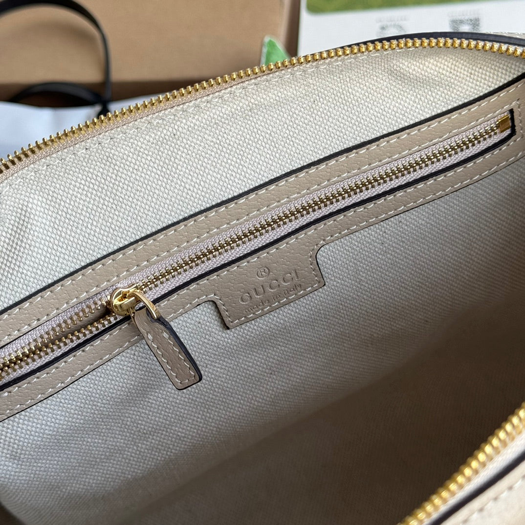 GUCCI OPHIDIA MEDIUM TOP HANDLE BAG 31 IN BEIGE WHITE CANVAS AND OAT CALFSKIN TRIM GOLD HARDWARE