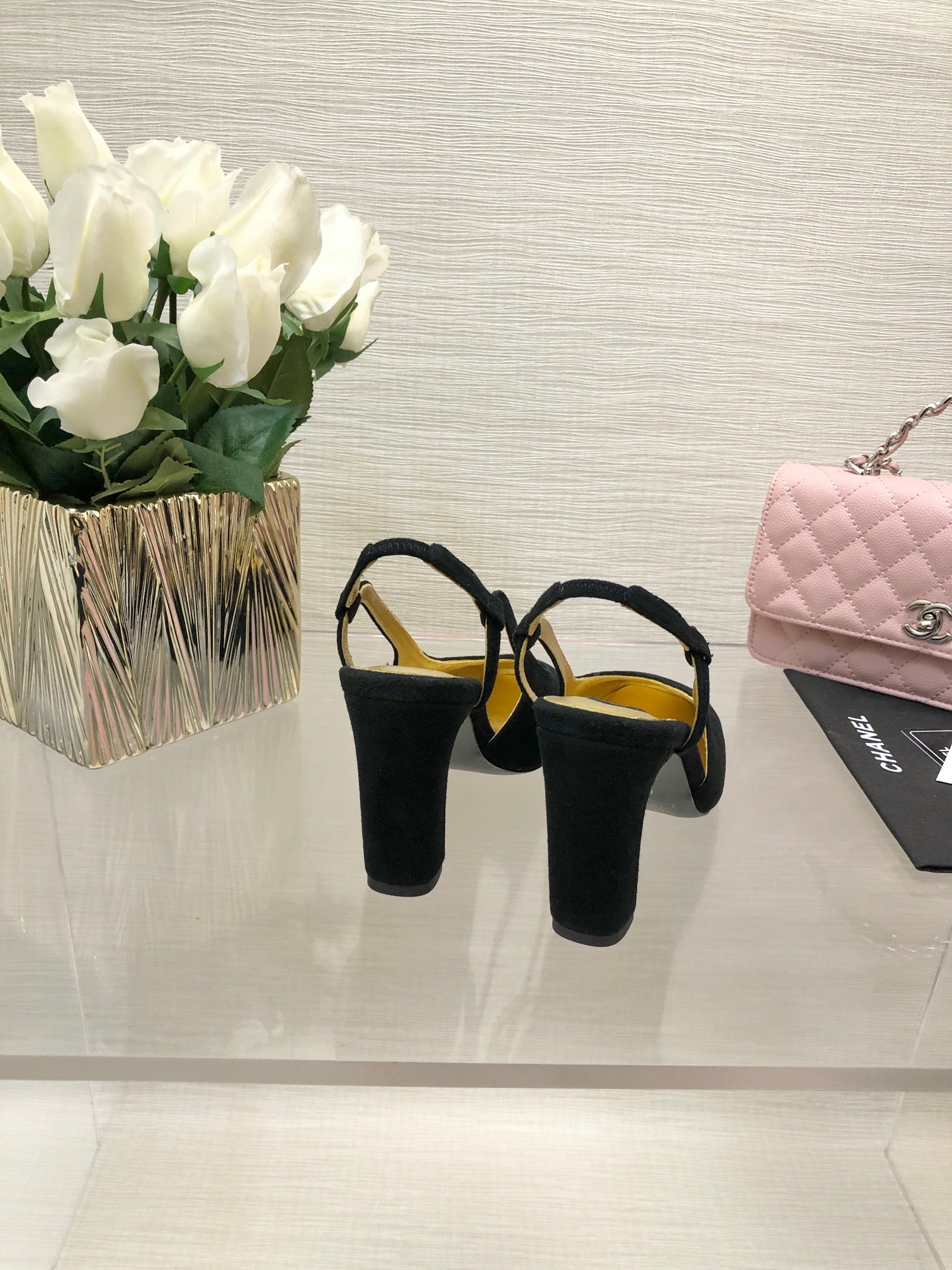 CHANEL HIGH SLINGBACKS IN BLACK SUEDE AND GOLDEN LAMBSKIN