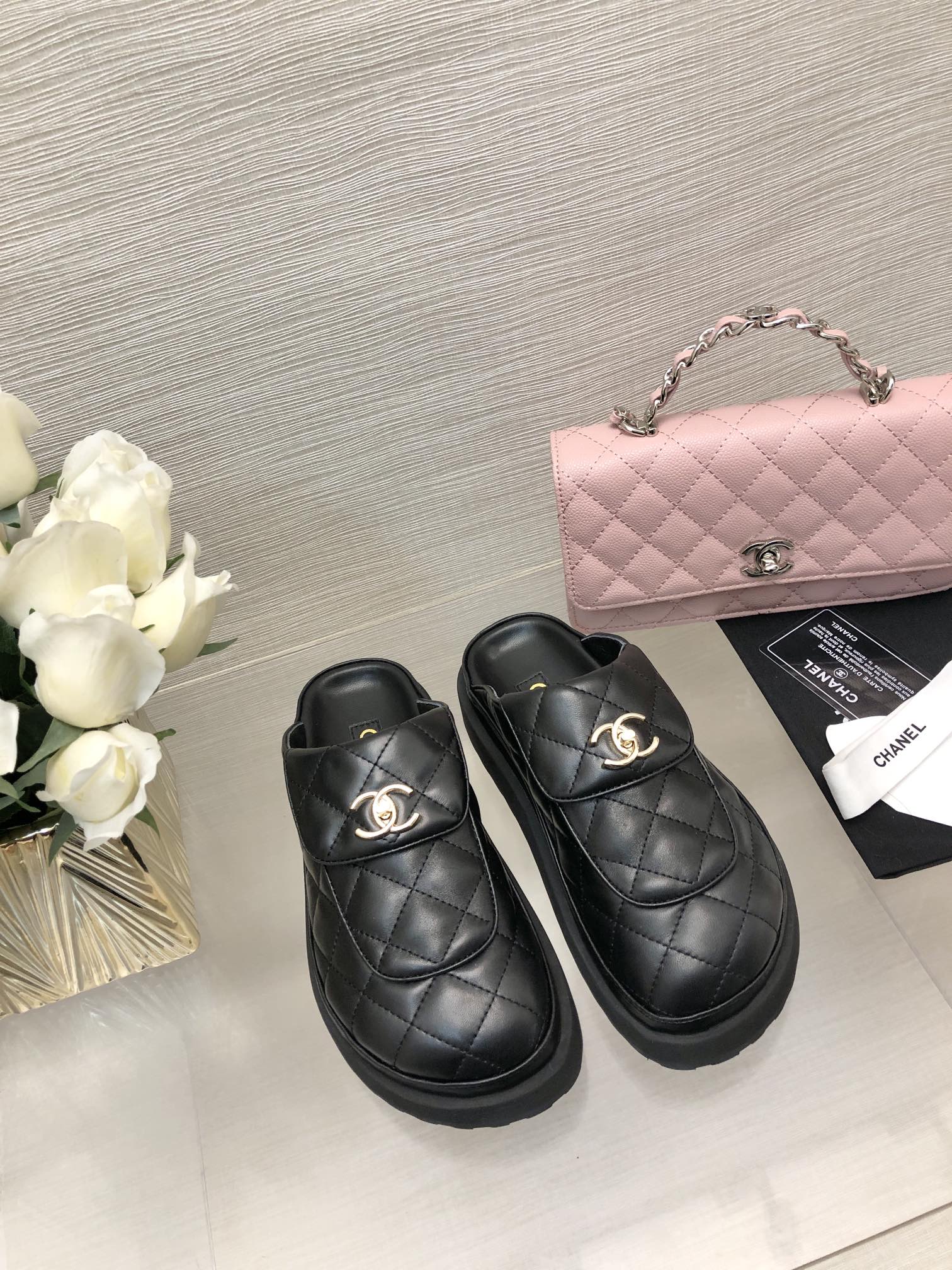 CHANEL TURNLOCK FLAP MULES BLACK LAMBSKIN