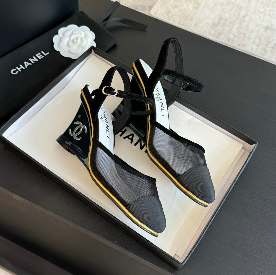 CHANEL Waterproof Platform High Heels Transparent Heel Mesh  Black