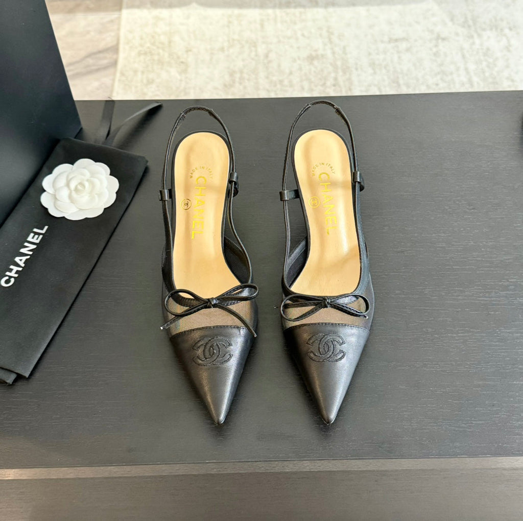 CHANEL MESH LOGO SLINGBACKS IN BLACK LAMBSKIN
