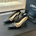 CHANEL MESH LOGO HEELS IN BLACK LAMBSKIN