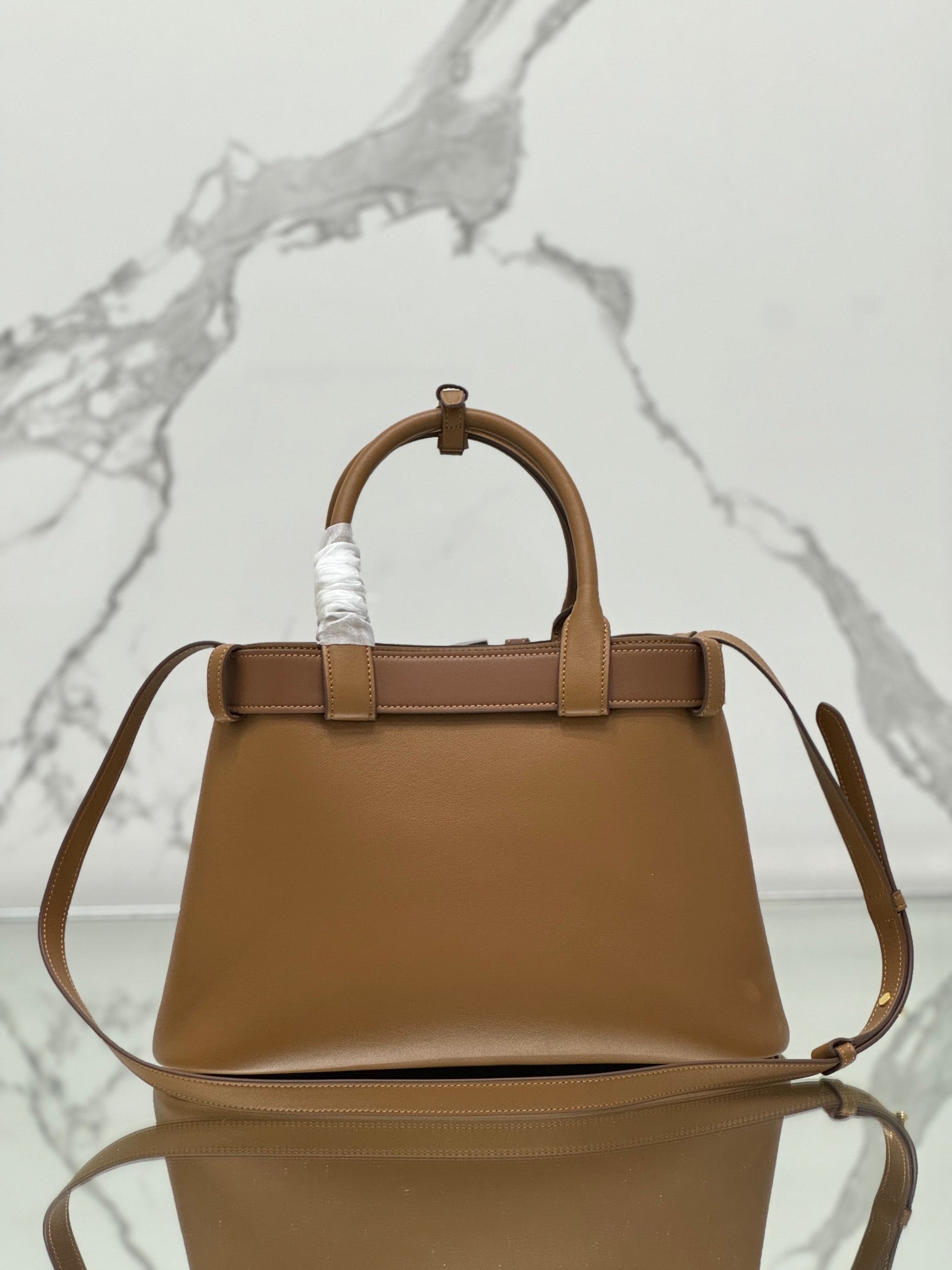 PRADA TOTE BAG WITH BELT 32 IN CIDER BROWN IMPORTED CALFSKIN