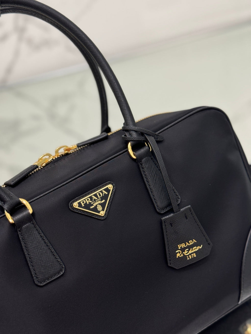 PRADA LARGE TOP HANDLE BAG 35 IN BLACK NYLON AND CALFSKIN TRIM