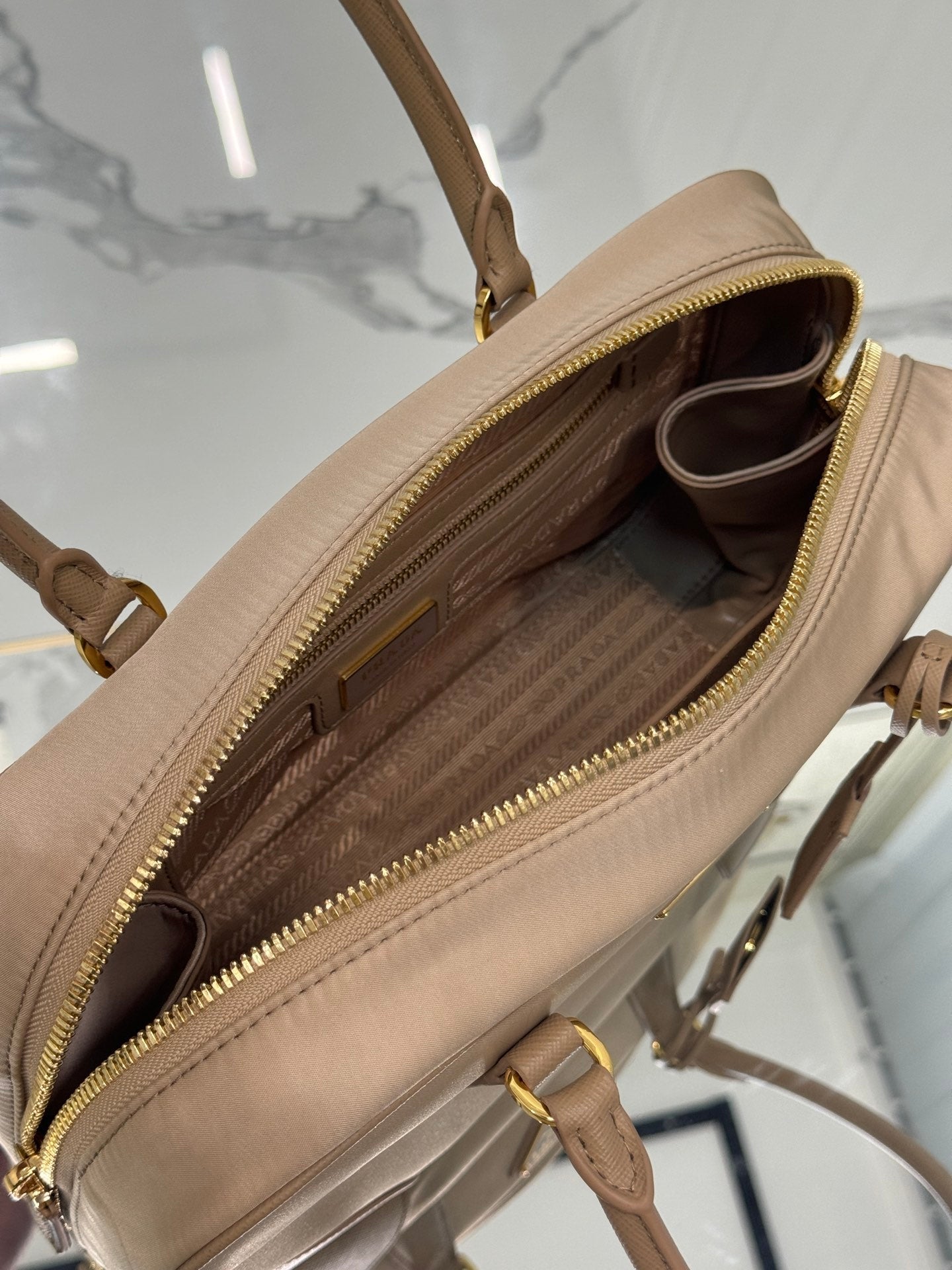 PRADA LARGE TOP HANDLE BAG 35 IN DRIED MOSS NYLON AND CALFSKIN TRIM