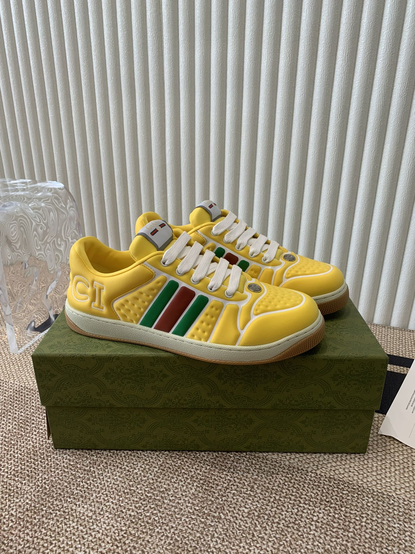GUCCI SCREENER SNEAKER WITH WEB LEMON CALFSKIN