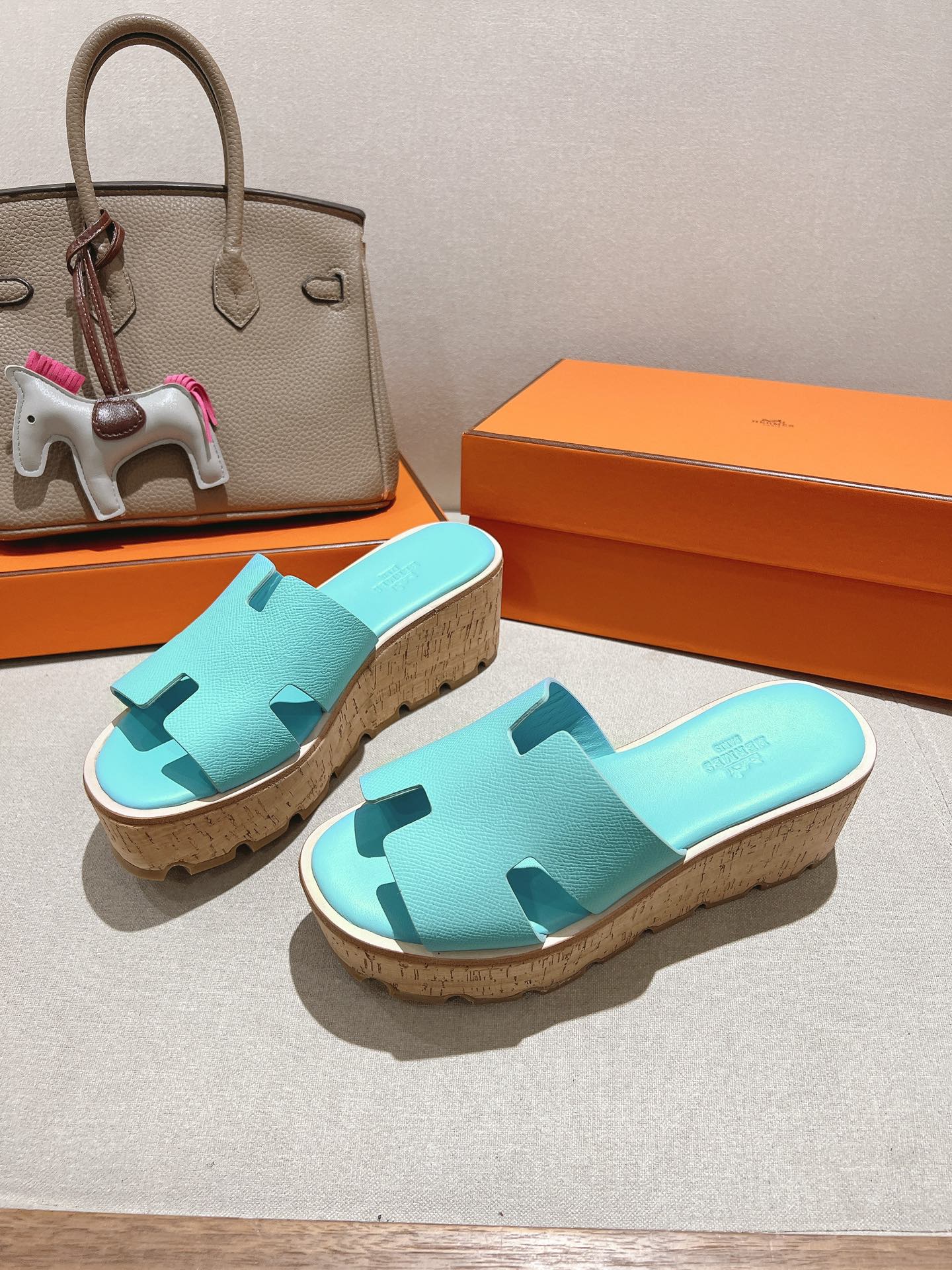 HERMES 25S HIGH WEDGE SANDALS IN LIGHT MINT BLUE LAMBSKIN STYLE 5