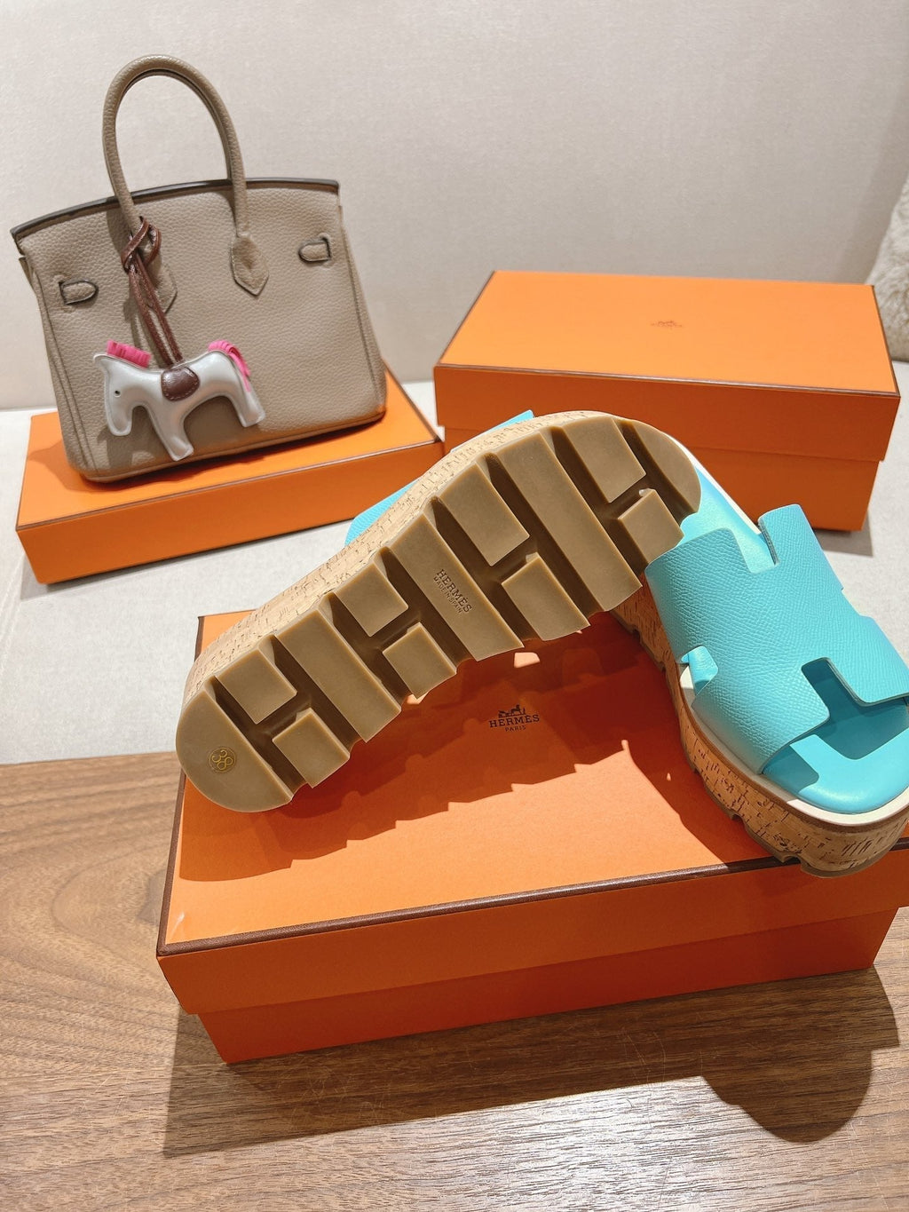 HERMES 25S HIGH WEDGE SANDALS IN LIGHT MINT BLUE LAMBSKIN STYLE 5