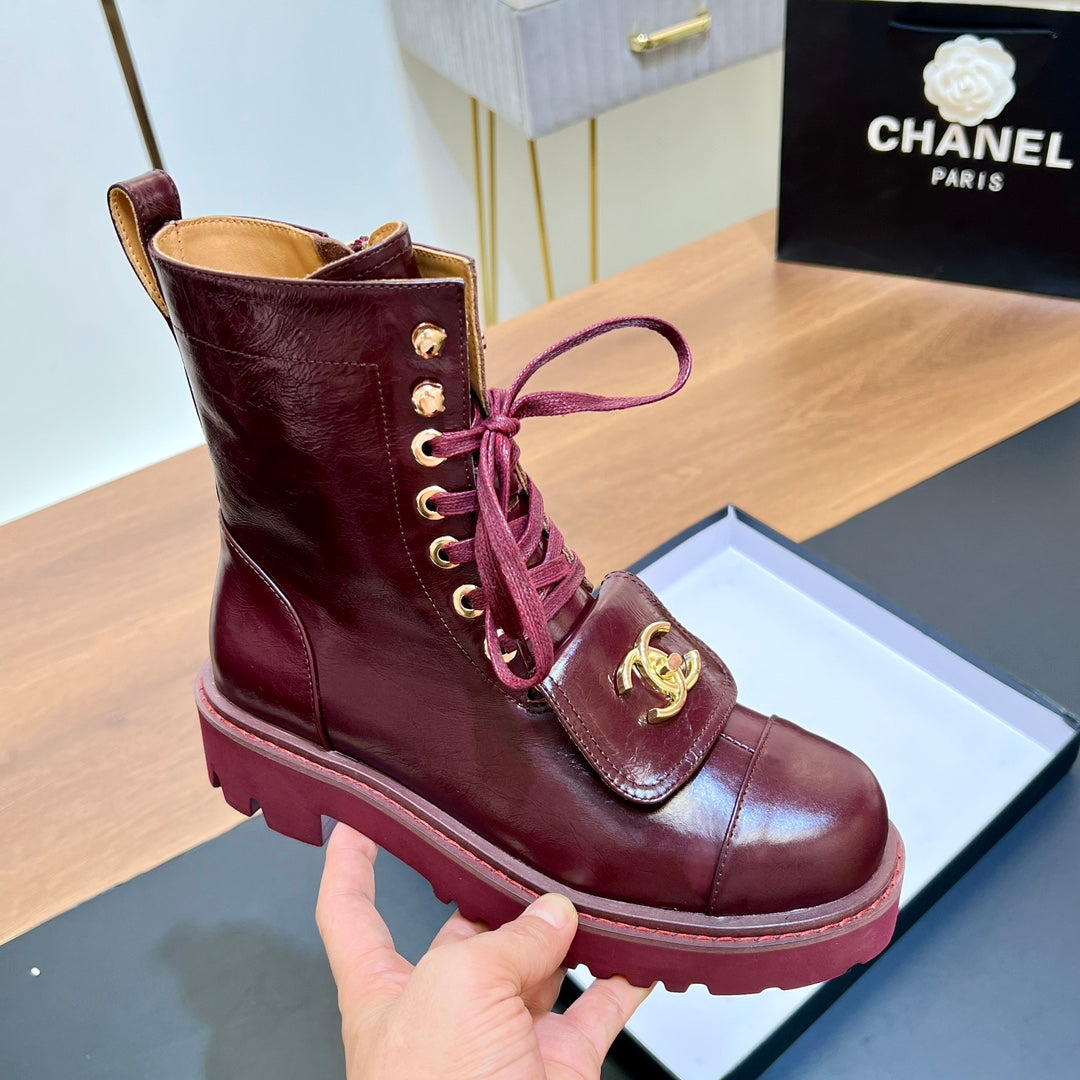 CHANEL 25S HIGH ANKLE BOOTS WITH ZIPPER IN BURGUNDY BROWN CALFSKIN GOLD HARDWARE