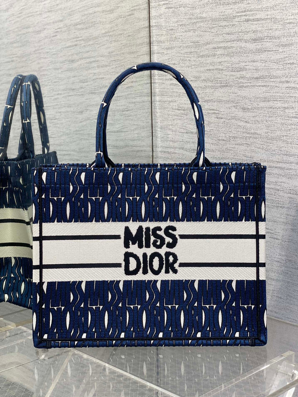 DIOR MISS MEDIUM TOTE 36 IN WHITE MIX DEEP COVE BLUE CANVAS