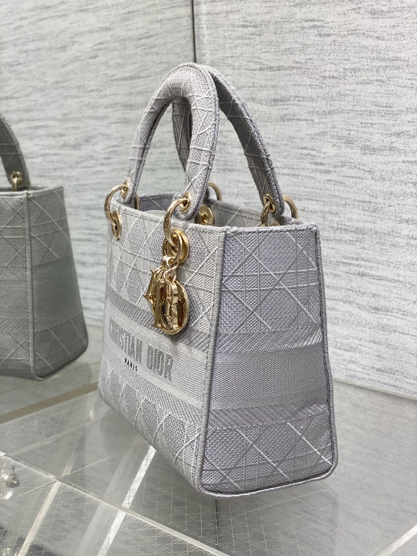 DIOR SMALL 24 LADY BAG IN PALE GRAY CANVAS