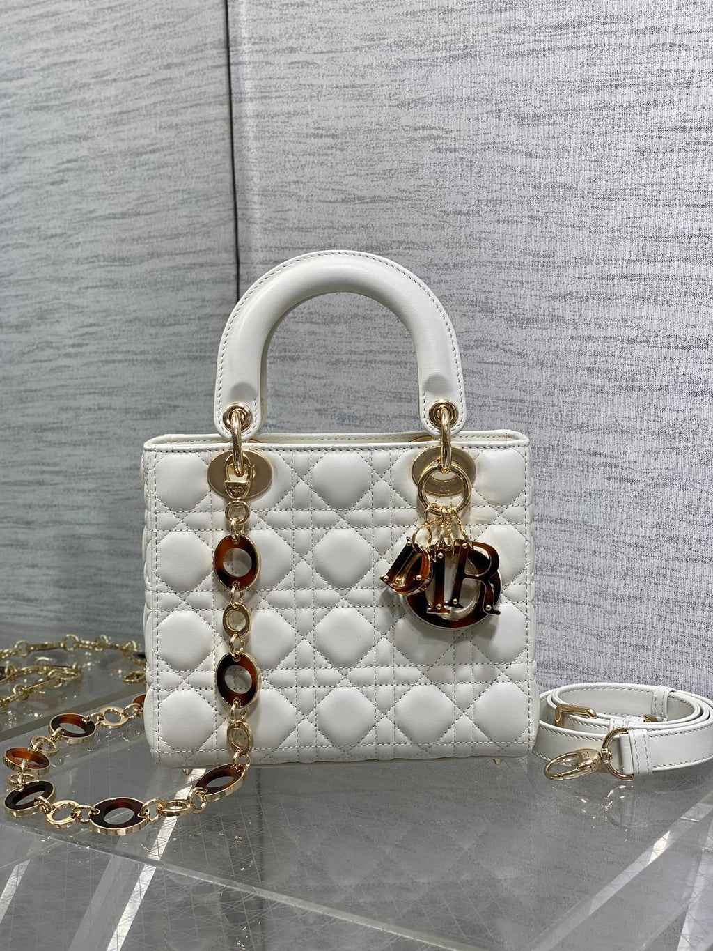 DIOR SMALL 20 LADY BAG IN WHITE MACROCANNAGE LAMBSKIN WITH GOLD HARDWARE