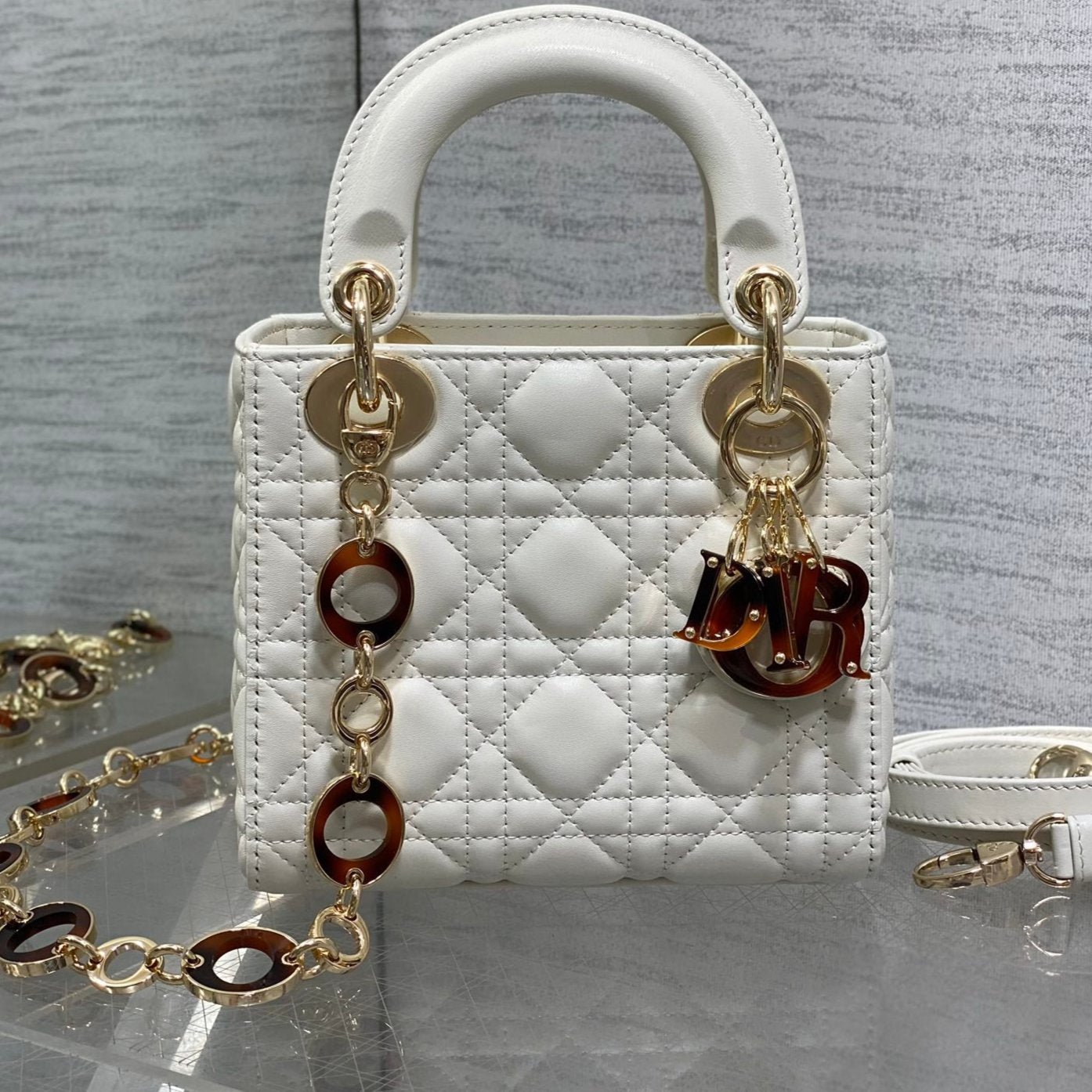 DIOR MINI 17 LADY BAG IN WHITE MACROCANNAGE LAMBSKIN WITH GOLD HARDWARE