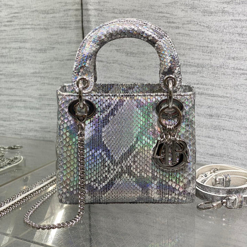 DIOR MINI 17 LADY BAG IN SILVER SNAKESKIN PATTERN LAMBSKIN