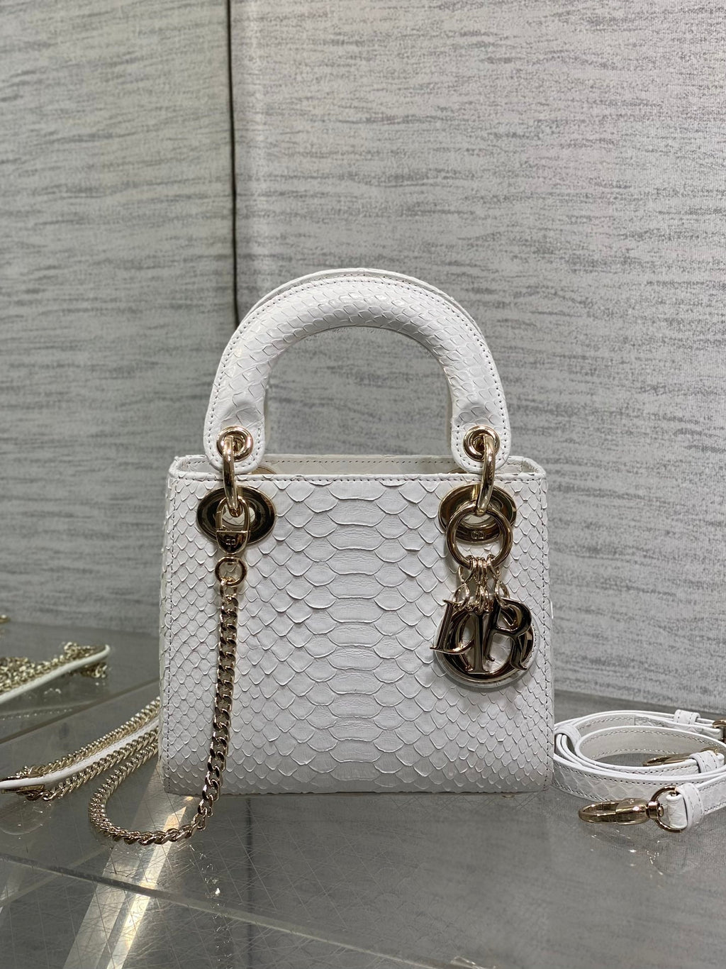 DIOR MINI 17 LADY BAG IN WHITE SNAKESKIN PATTERN LAMBSKIN