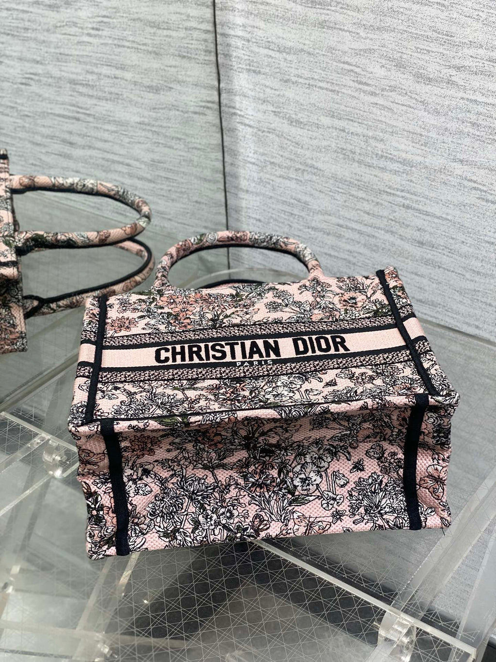 DIOR 25S LUCKY SMALL DIOR BOOK TOTE 26 IN PINK MULTICOLOR DIOR FLOWERS CALENDAR ALLOVER EMBROIDERY