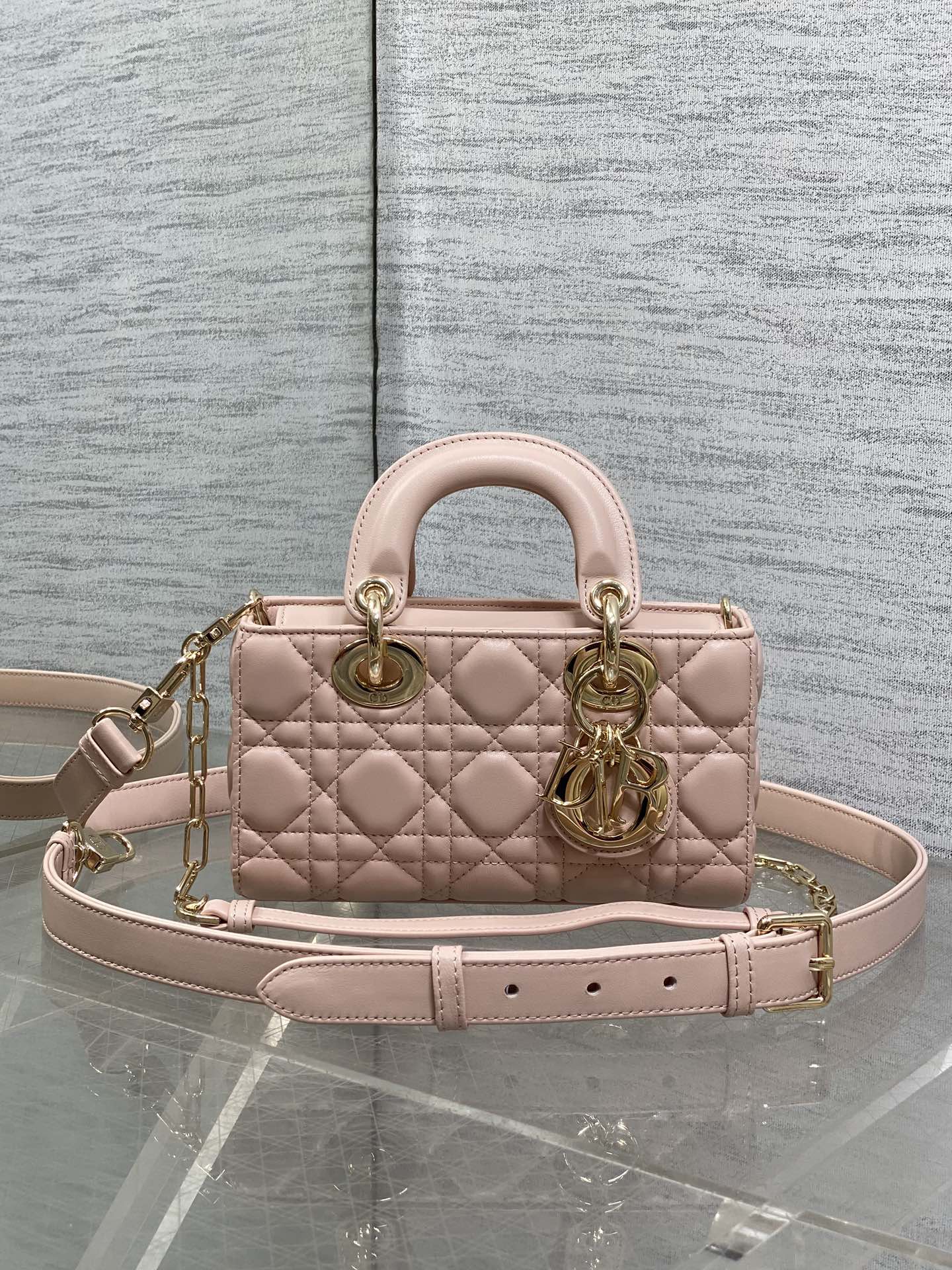 DIOR 25S MICRO LADY D-JOY 19 IN BABY PINK CALFSKIN GOLD HARDWARE