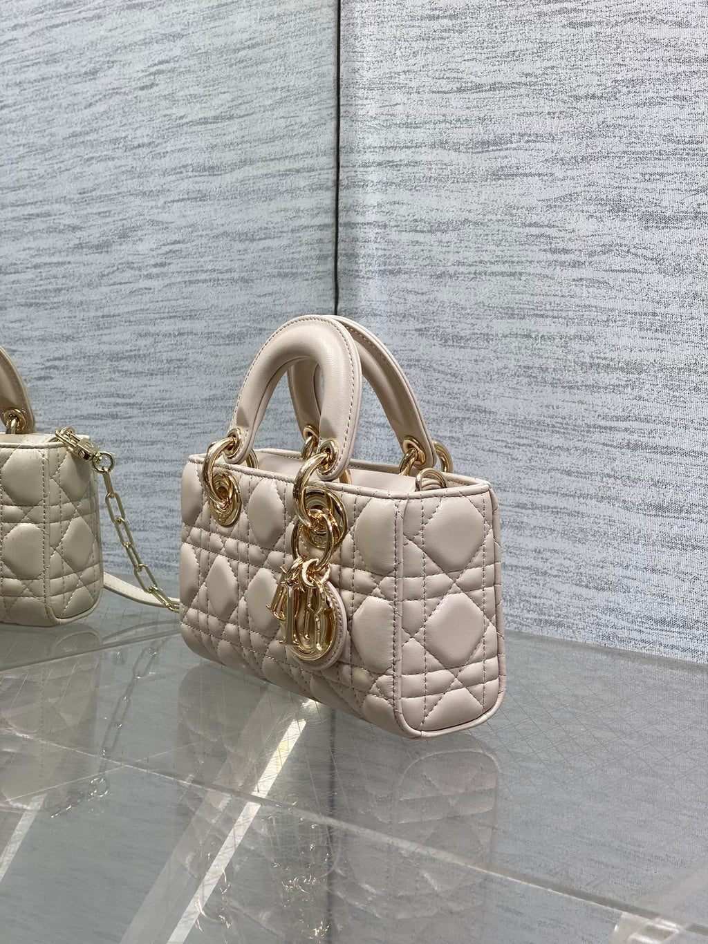 DIOR 25S MICRO LADY D-JOY 19 IN BEIGE CALFSKIN GOLD HARDWRE