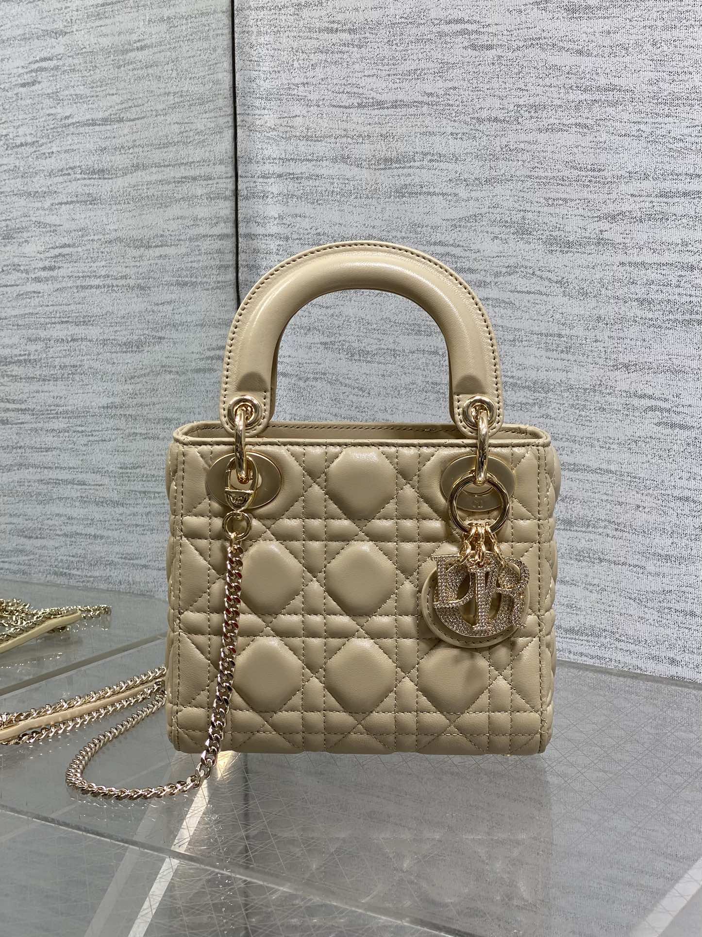DIOR 25S MINI LADY  BAG 17 IN BISCUIT CALFSKIN CHARM CRYSTAL EMBELLISHMENTS