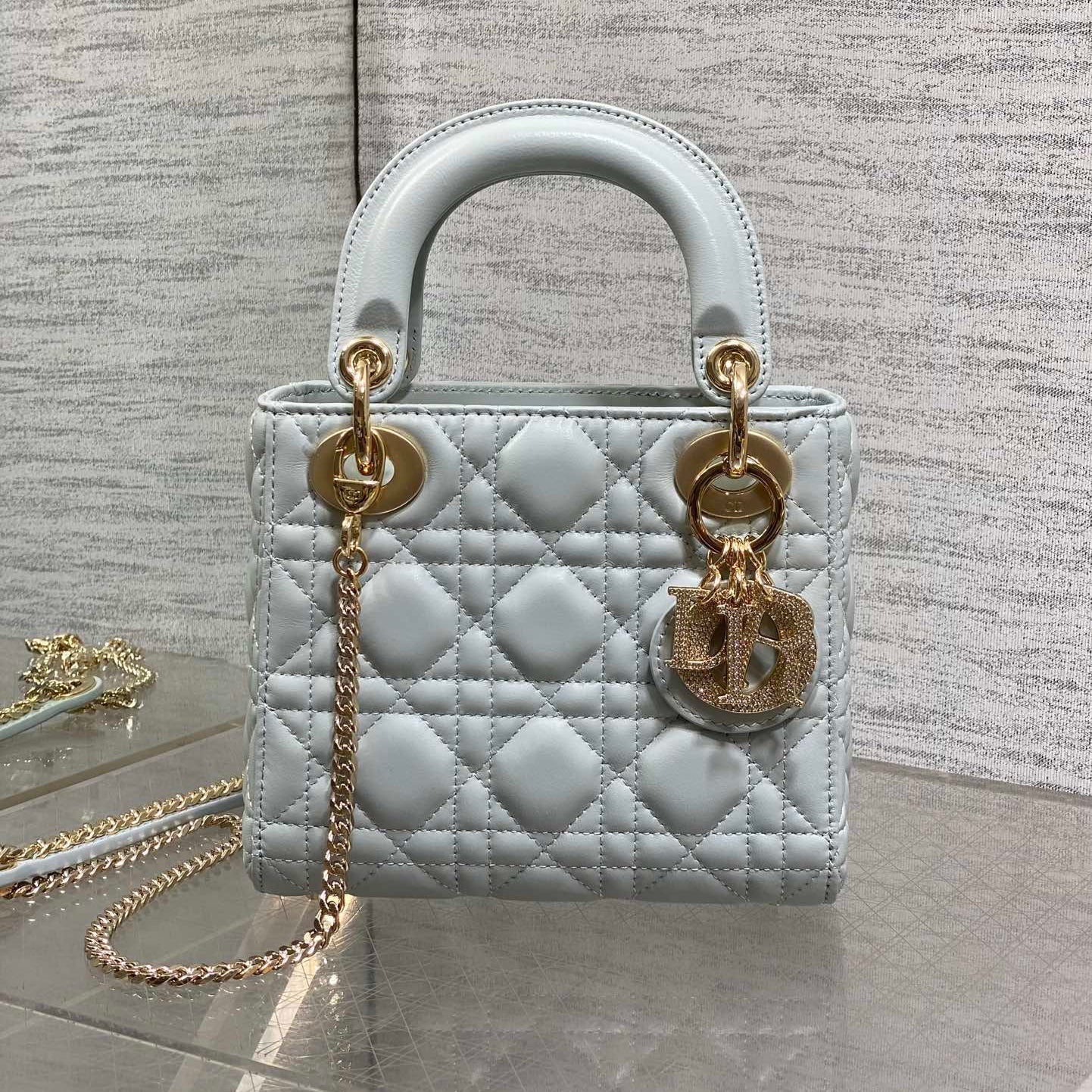 DIOR 25S MINI LADY  BAG 17 IN LIGHT BLUE CALFSKIN CHARM CRYSTAL EMBELLISHMENTS