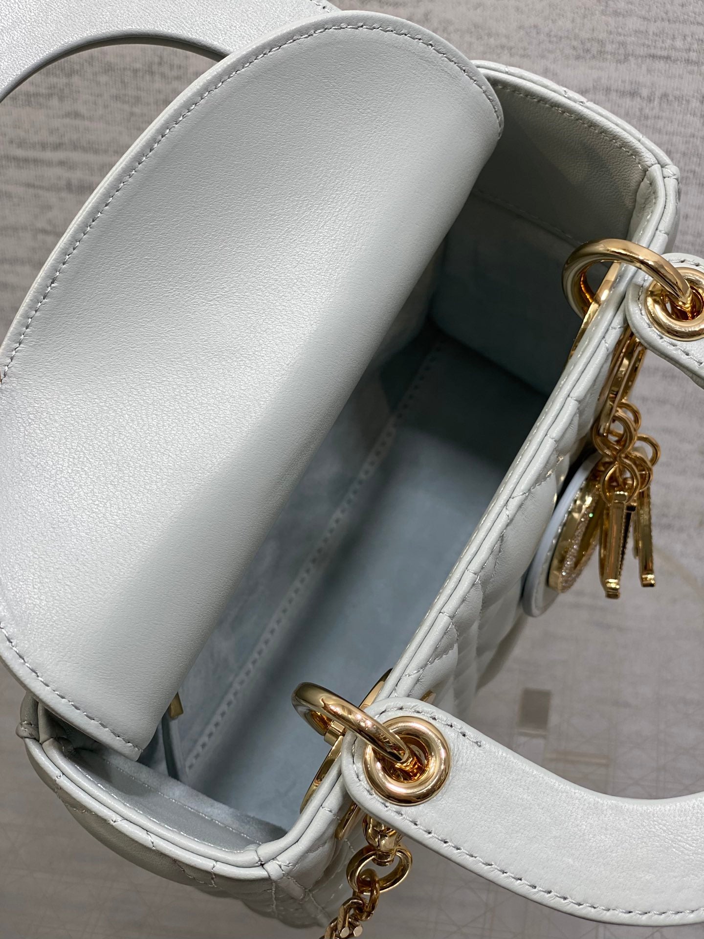 DIOR 25S MINI LADY  BAG 17 IN LIGHT BLUE CALFSKIN CHARM CRYSTAL EMBELLISHMENTS