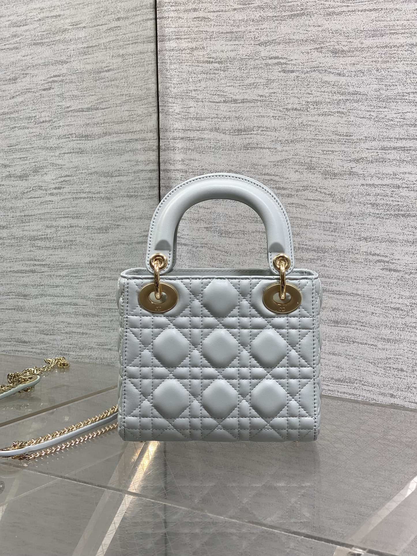 DIOR 25S MINI LADY  BAG 17 IN LIGHT BLUE CALFSKIN CHARM CRYSTAL EMBELLISHMENTS