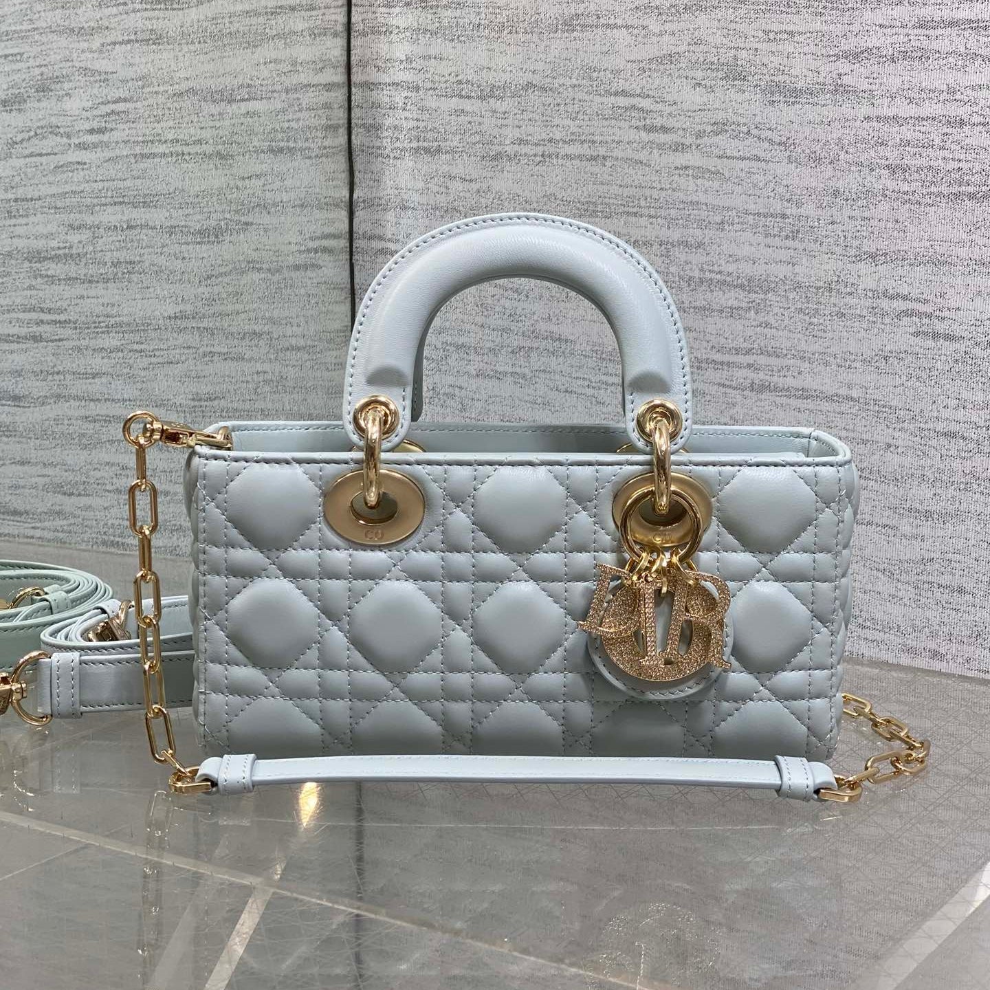 DIOR 25S SMALL LADY D‑JOY BAG 22 IN SHIRT BLUE CALFSKIN GOLD HARDWARE