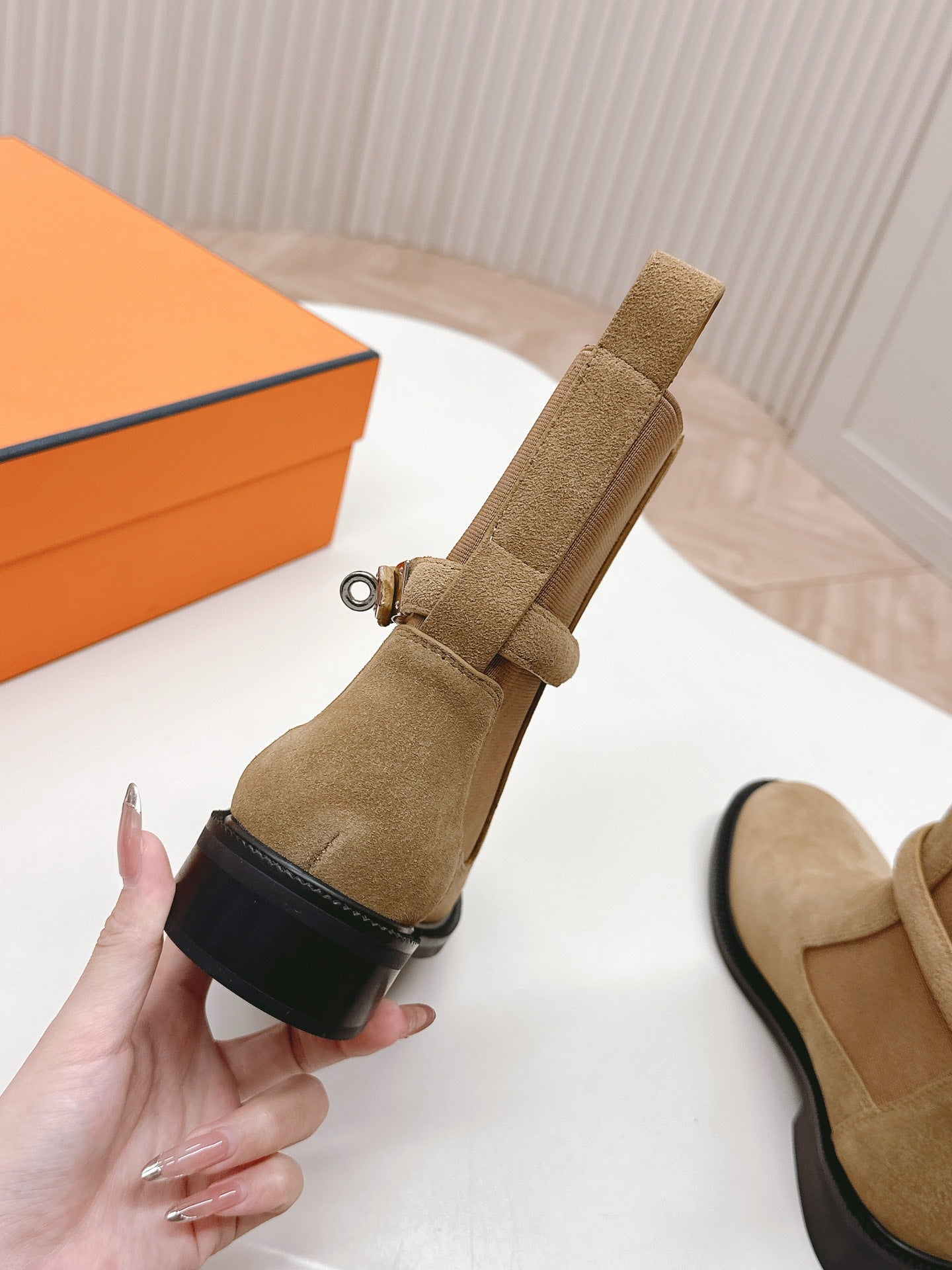 HERMES KELLY BUCKLE SHORT BOOTS IN PEANUT BROWN SUEDE