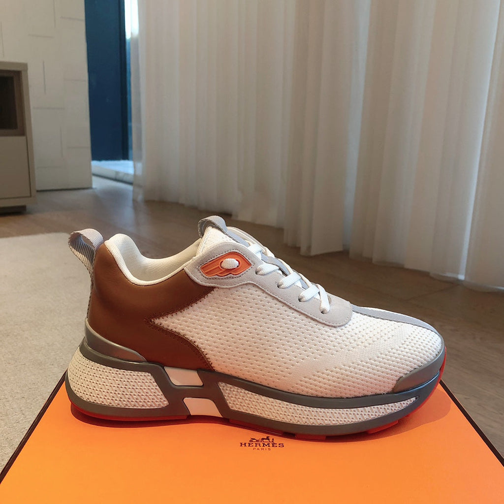 HERMES HEROS SNEAKER IN WHITE BREATHABLE MESH FABRIC AND BROWN CALFSKIN