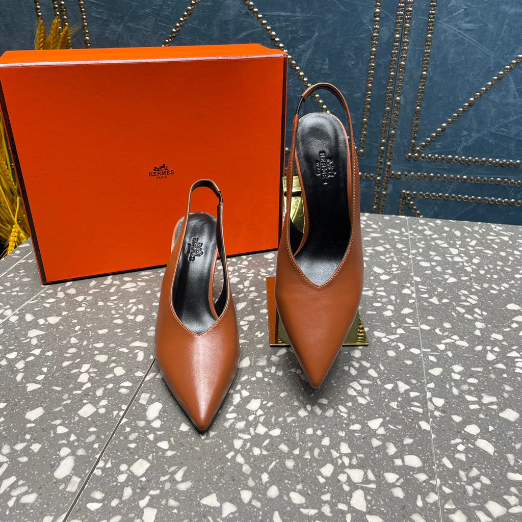HERMES HIGH SLINGBACKS 7 CM IN UMBER BROWN SHEEPSKIN