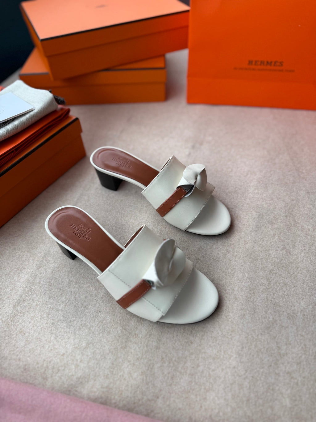 HERMES HIGH MULES IN WHITE CALFSKIN