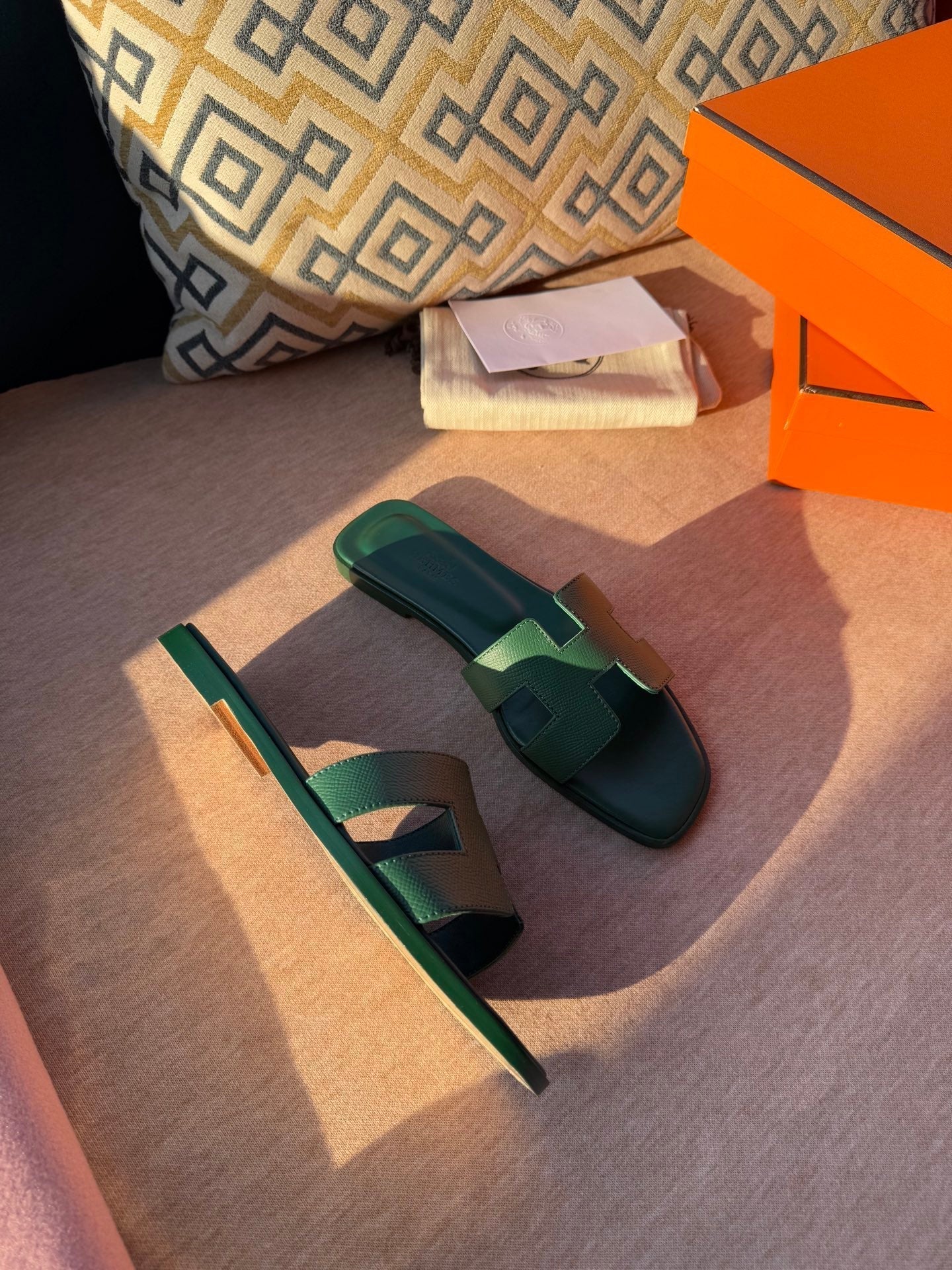 HERMES 0RAN SANDALS IN HUNTER GREEN CALFSKIN