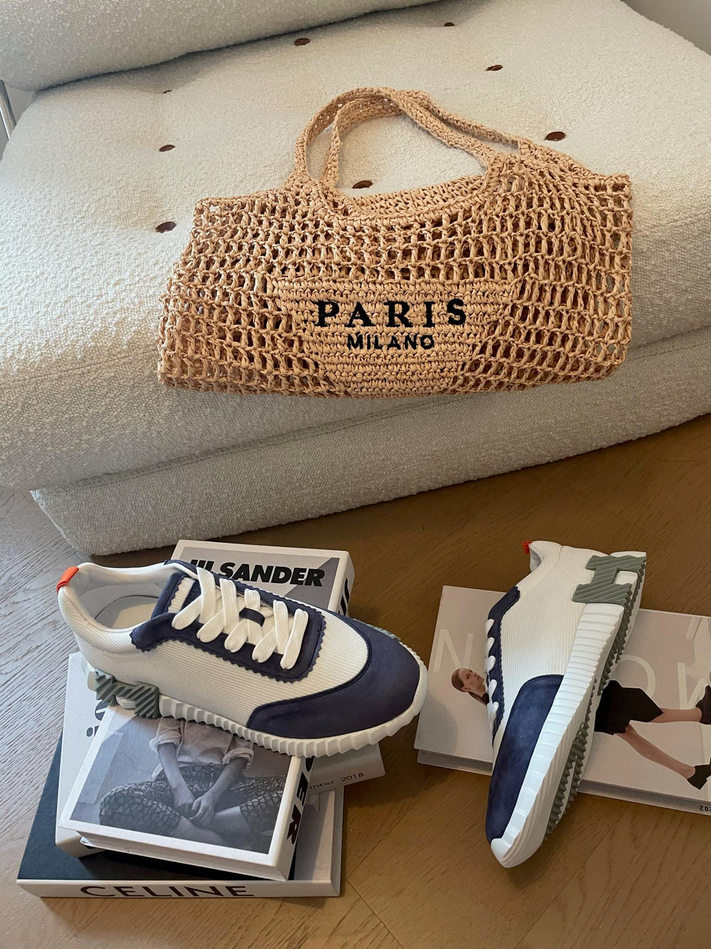 HERMES BOUNCING SNEAKERS LIGHT GRAY MIX NAVY CALFSKIN