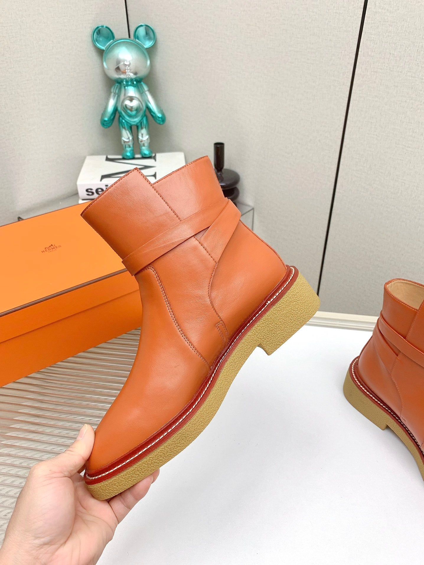 HERMES BOTINES HISTORY BOOTS IN SALAMANDER ORANGE CALFSKIN