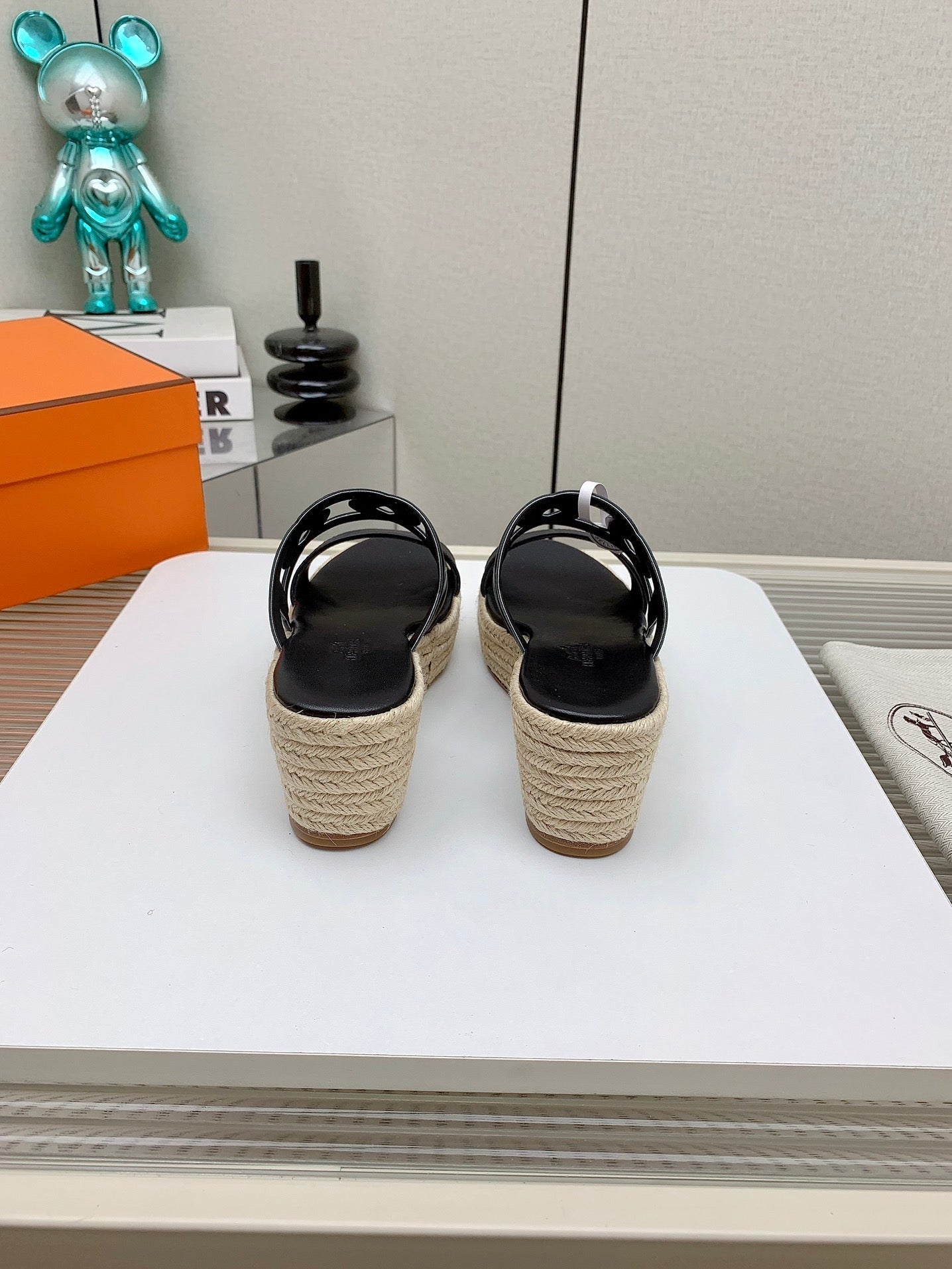 HERMES ITHEA 85 MM ESPADRILLE IN BLACK CALFSKIN