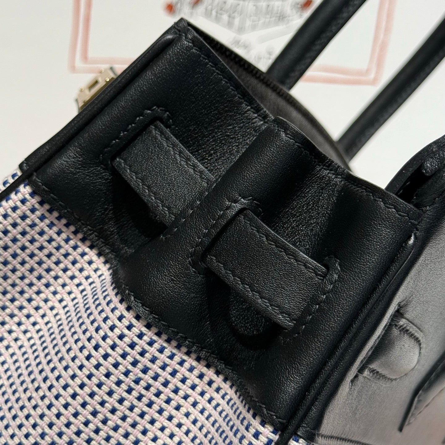 HERMES QUADRILLE BIRKIN 30CM IN BLACK SWIFT CALFSKIN WHITE BLUE PINK PLAID TOILE CANVAS
