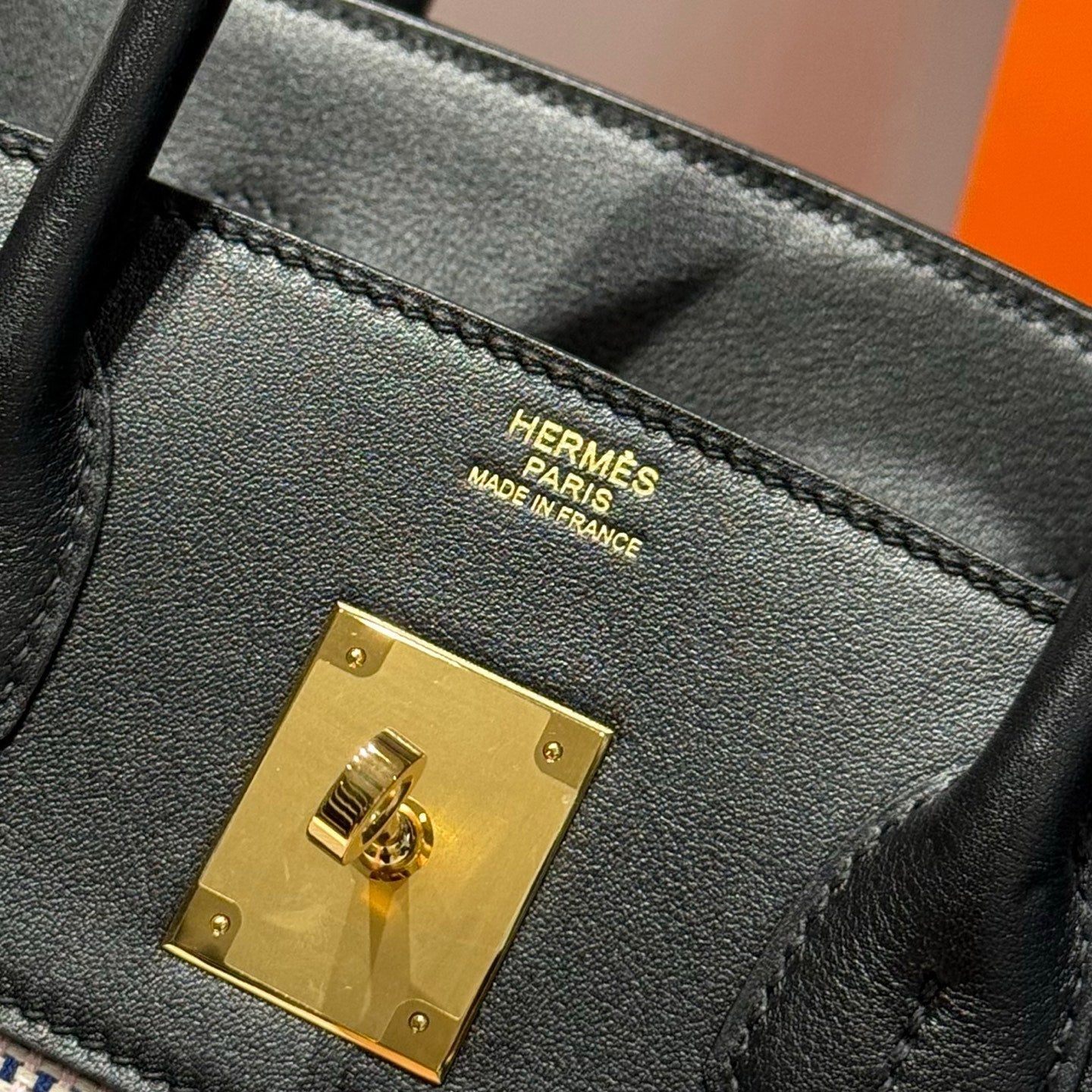 HERMES QUADRILLE BIRKIN 30CM IN BLACK SWIFT CALFSKIN WHITE BLUE PINK PLAID TOILE CANVAS