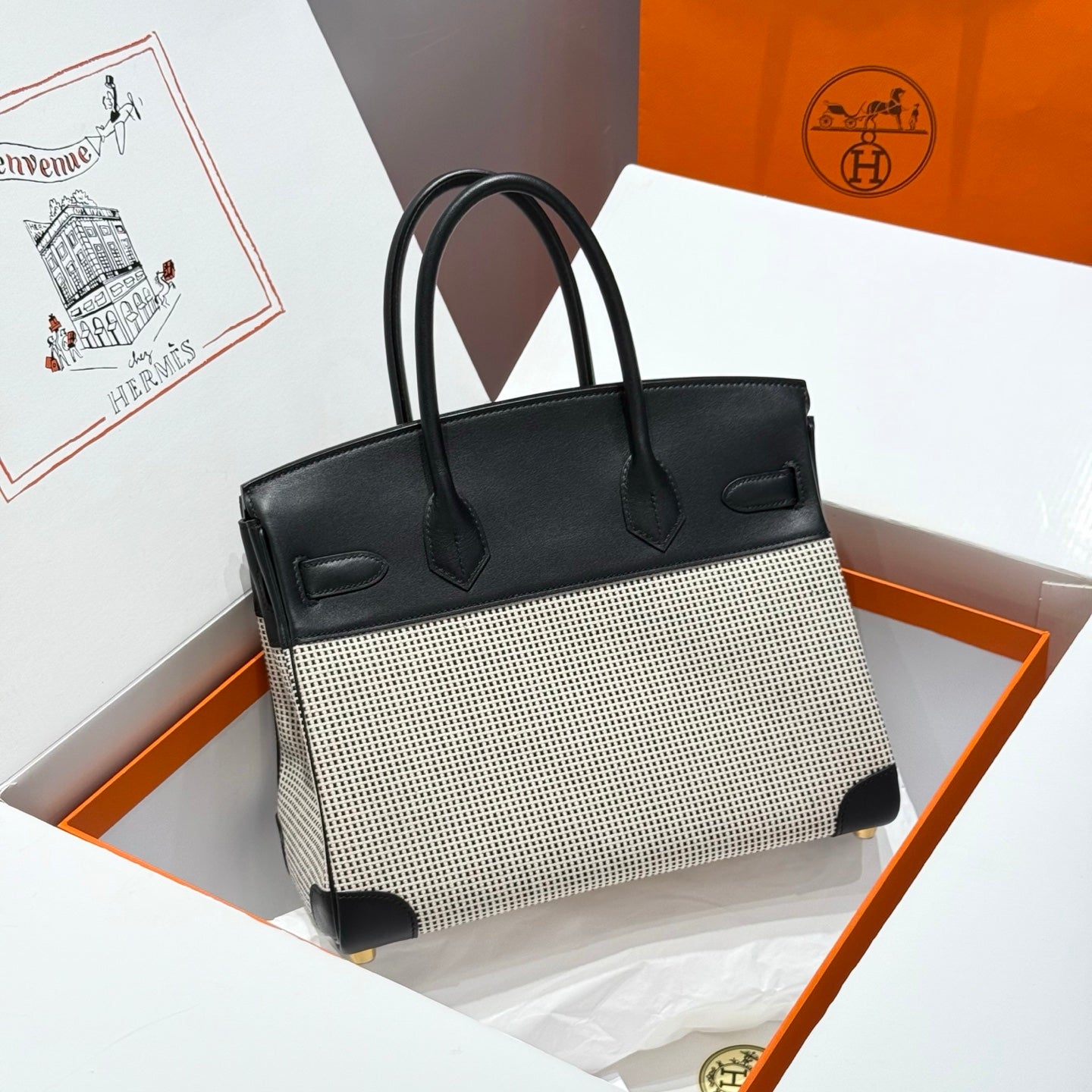 HERMES QUADRILLE BIRKIN 30CM IN BLACK SWIFT CALFSKIN WHITE BLACK PLAID TOILE CANVAS