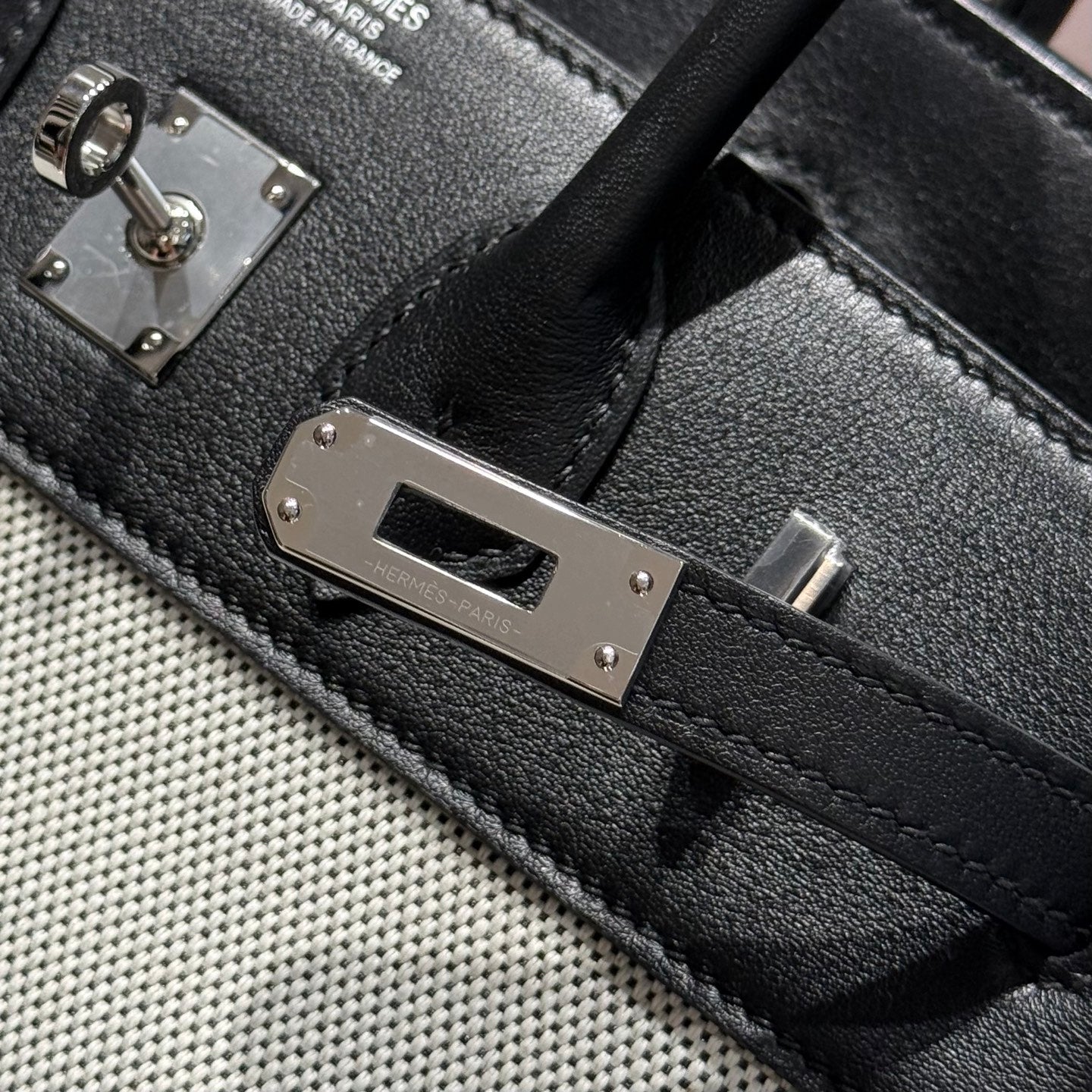 HERMES QUADRILLE BIRKIN 25CM IN BLACK SWIFT CALFSKIN WHITE TOILE CANVAS
