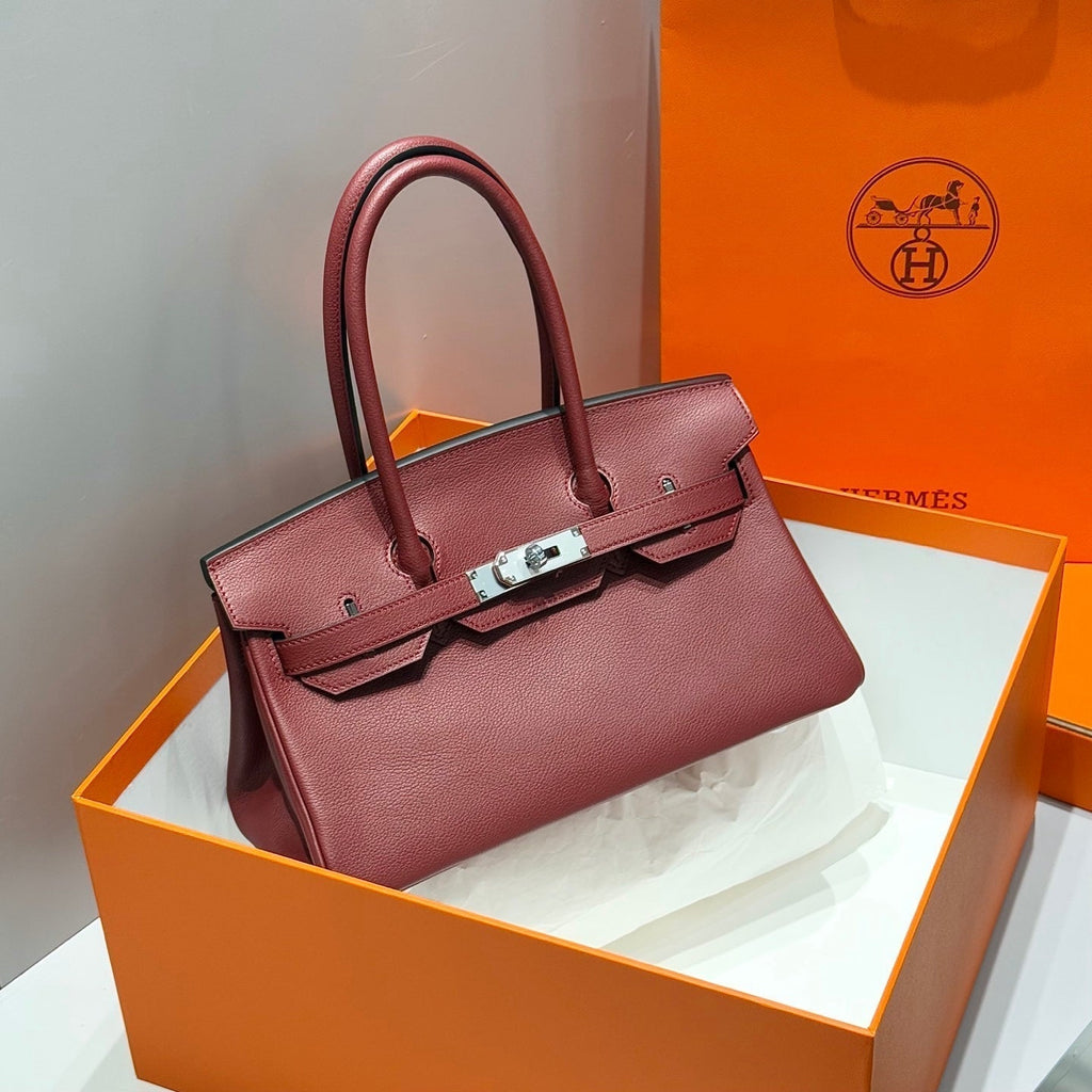 HERMES 25S SHOULDER BIRKIN 29 IN BURNT RED CALFSKIN SILVER HARDWARE