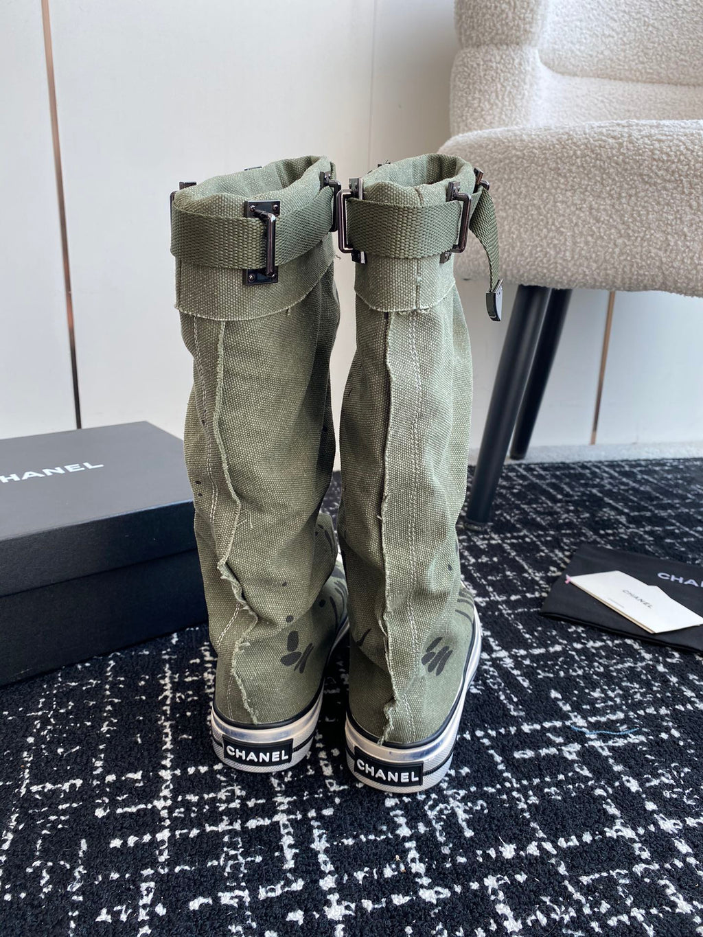 CHANEL HIGH BOOTS IN ARMY GREEN CANVAS