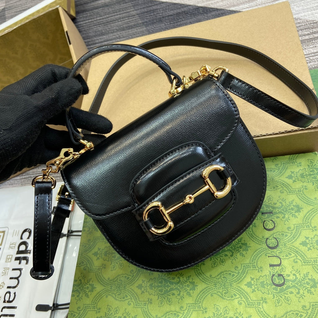 GUCCI HORSEBIT 1955 MINI TOP HANDLE BAG 18 IN BLACK CALFSKIN GOLD HARDWARE