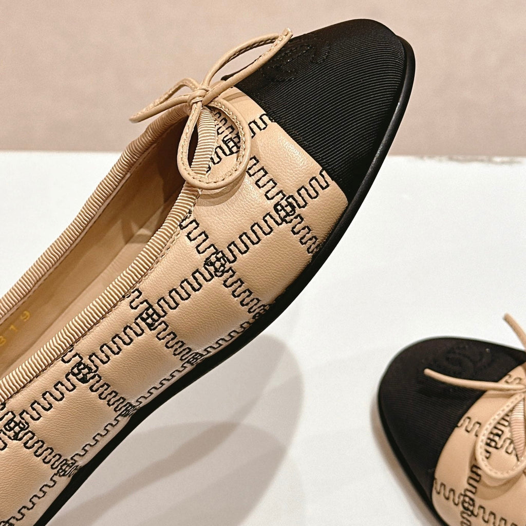 CHANEL Double C New Ballet Flats Dark Cream Black Lambskin