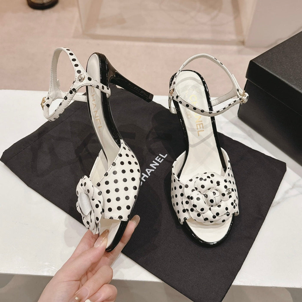 CHANEL Double C New Camellia High Heel Sandals White/ Black Caro