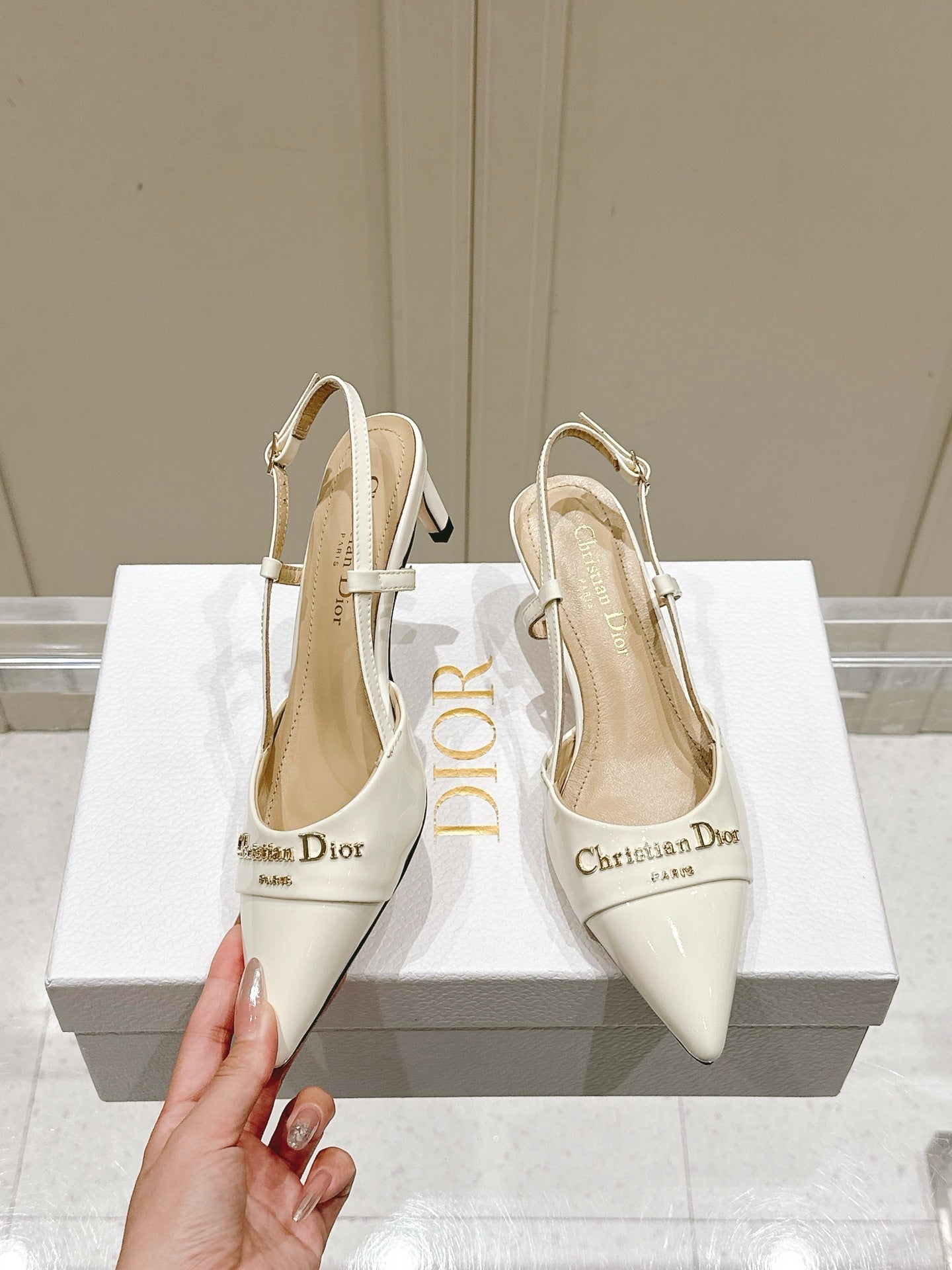 DIOR MY DD 25S SLINGBACK PUMP 50MM IN WHITE GLOSSY CALFSKIN