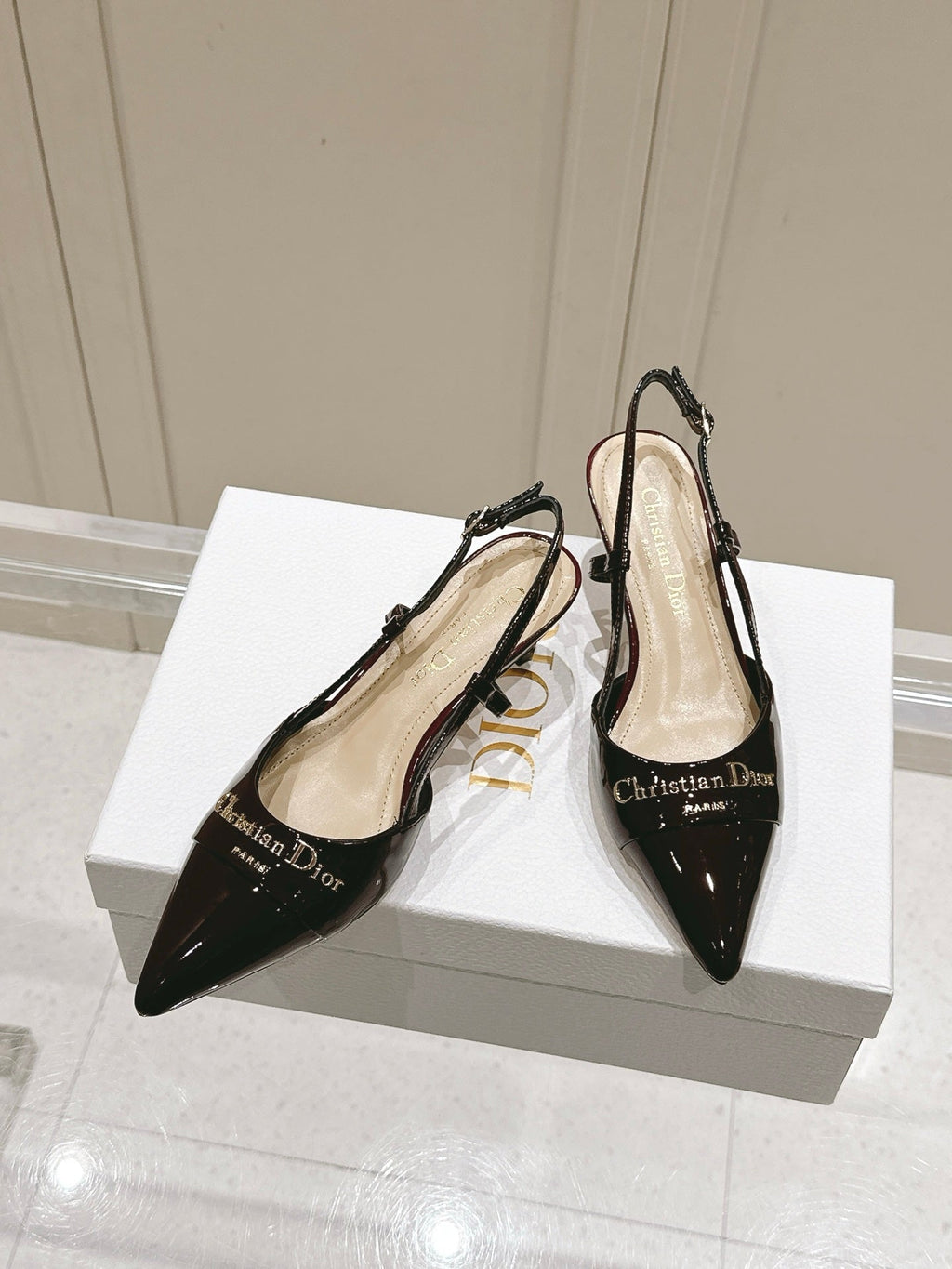 DIOR MY DD 25S SLINGBACK PUMP 50MM IN BURGUNDY RED GLOSSY CALFSKIN