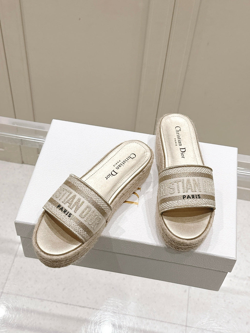 DIOR DWAY WEDGE SLIDES 45MM IN WARM GREIGE FABRIC RAFFIA SOLE