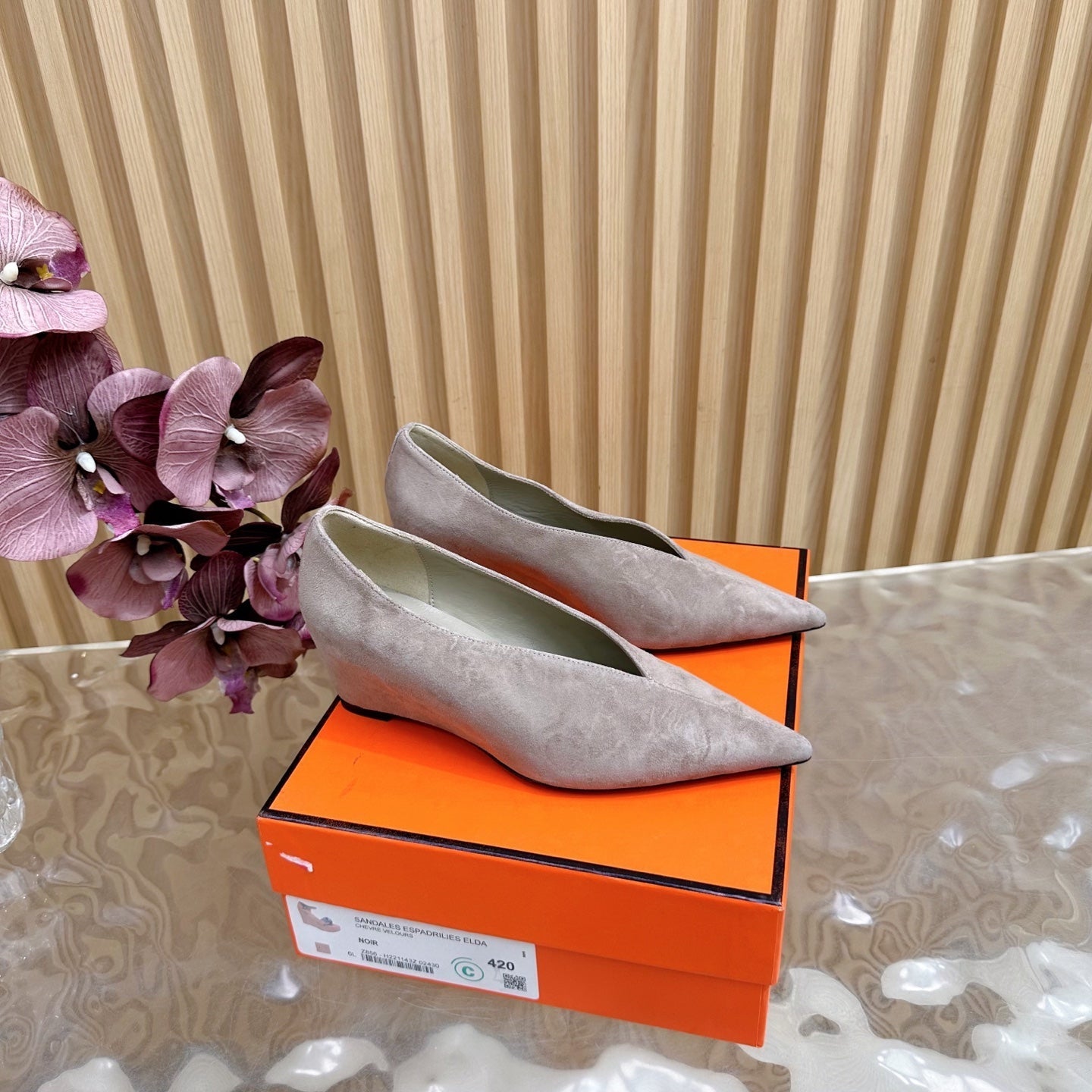 HERMES 25S HIGH-HEEL WEDGE SHOES 50 MM IN DUSTY BEIGE SUEDE